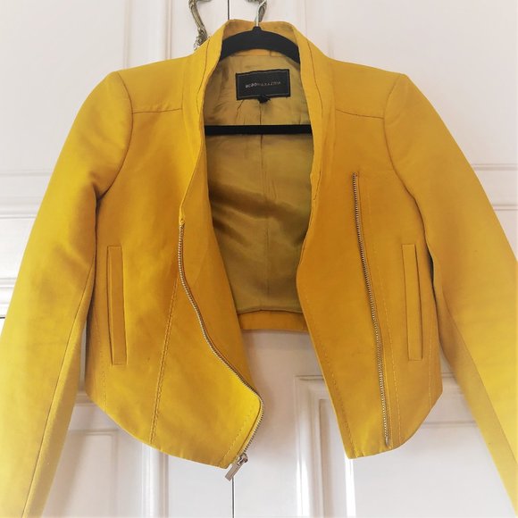 Funky BCBGMaxAzria Cropped Moto Zip-Front Jacket in Bright Mustard Yellow - XXS - Picture 3 of 16